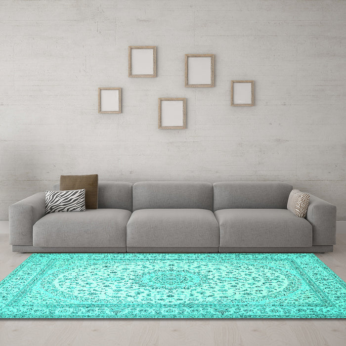 Machine Washable Medallion Turquoise Traditional Area Rugs in a Living Room,, wshtr481turq