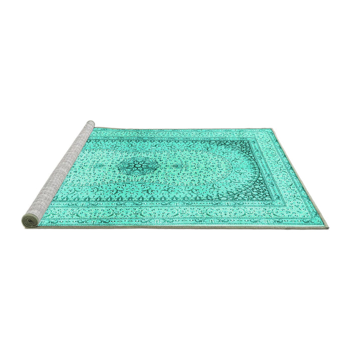 Sideview of Machine Washable Persian Turquoise Traditional Area Rugs, wshtr4820turq