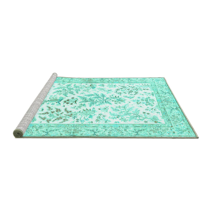 Sideview of Machine Washable Persian Turquoise Traditional Area Rugs, wshtr4821turq