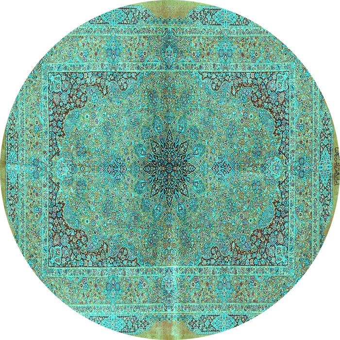 Round Machine Washable Persian Turquoise Traditional Area Rugs, wshtr4822turq