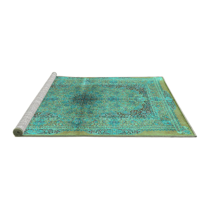 Sideview of Machine Washable Persian Turquoise Traditional Area Rugs, wshtr4822turq