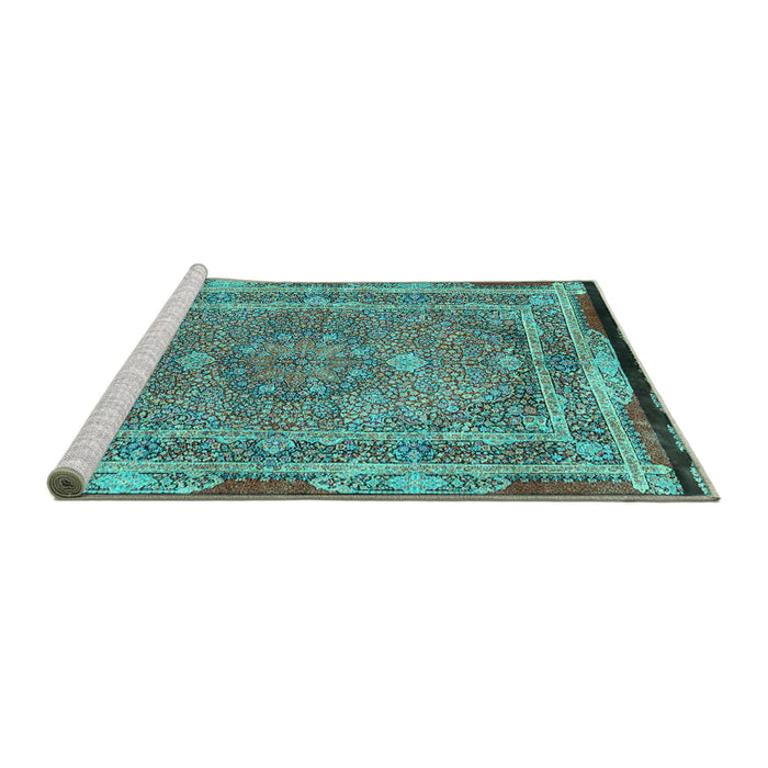 Sideview of Machine Washable Persian Turquoise Traditional Area Rugs, wshtr4823turq