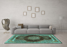 Machine Washable Medallion Turquoise Traditional Area Rugs in a Living Room,, wshtr4824turq