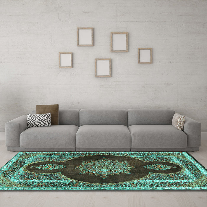 Machine Washable Medallion Turquoise Traditional Area Rugs in a Living Room,, wshtr4824turq