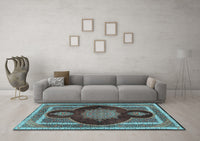 Machine Washable Medallion Light Blue Traditional Rug, wshtr4824lblu