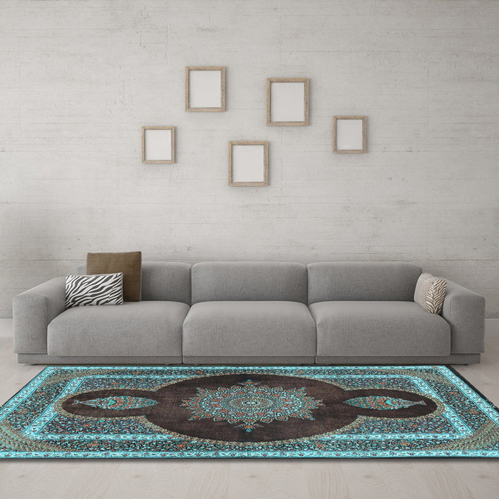 Machine Washable Medallion Light Blue Traditional Rug in a Living Room, wshtr4824lblu