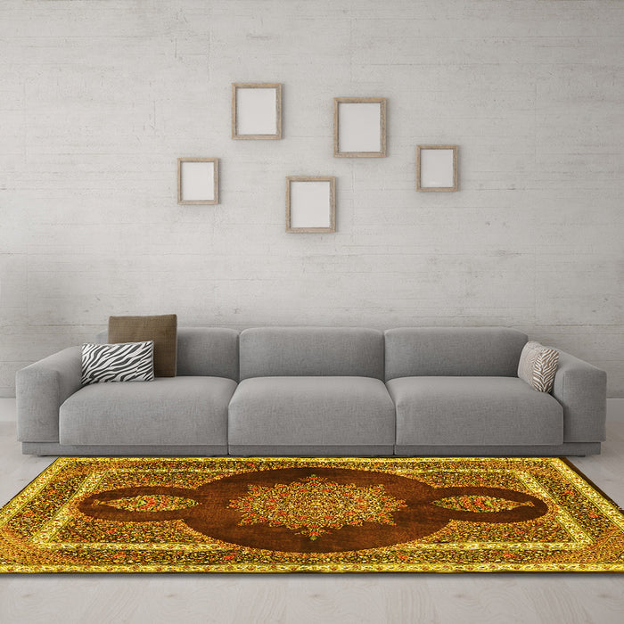 Machine Washable Medallion Yellow Traditional Rug in a Living Room, wshtr4824yw