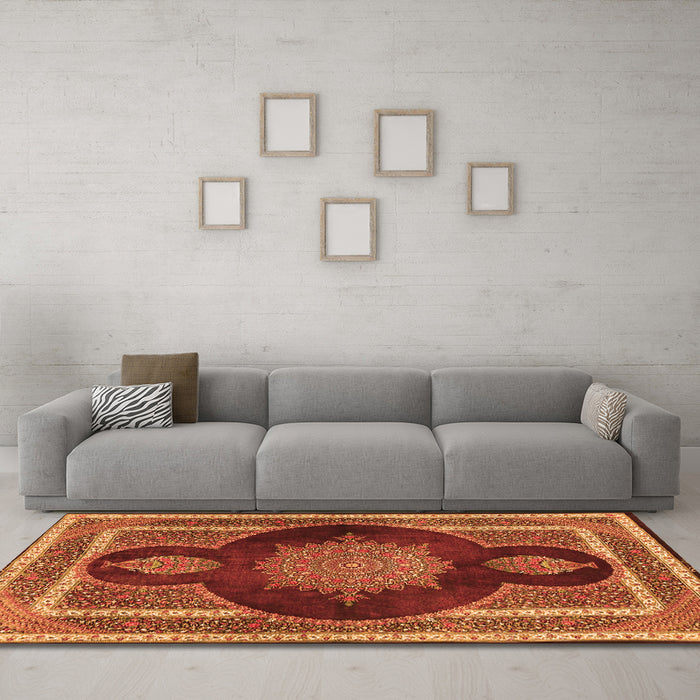 Machine Washable Medallion Orange Traditional Area Rugs in a Living Room, wshtr4824org