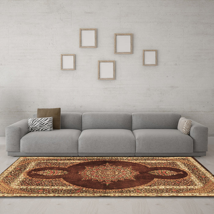 Machine Washable Medallion Brown Traditional Rug in a Living Room,, wshtr4824brn