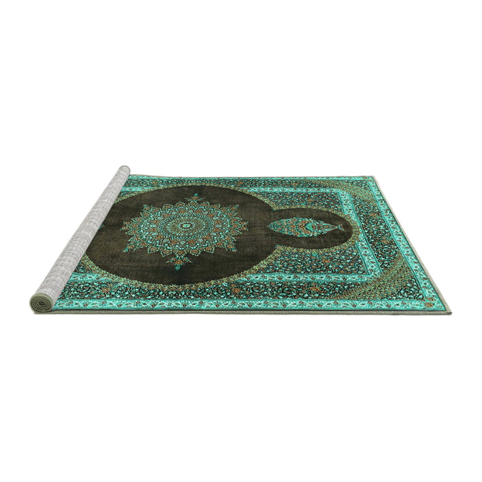 Sideview of Machine Washable Medallion Turquoise Traditional Area Rugs, wshtr4824turq