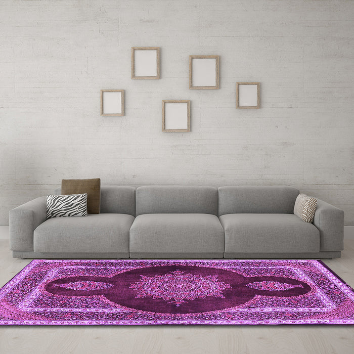 Machine Washable Medallion Purple Traditional Area Rugs in a Living Room, wshtr4824pur