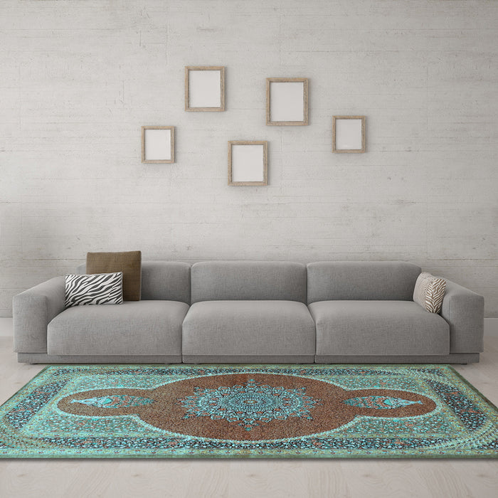 Machine Washable Medallion Light Blue Traditional Rug in a Living Room, wshtr4825lblu