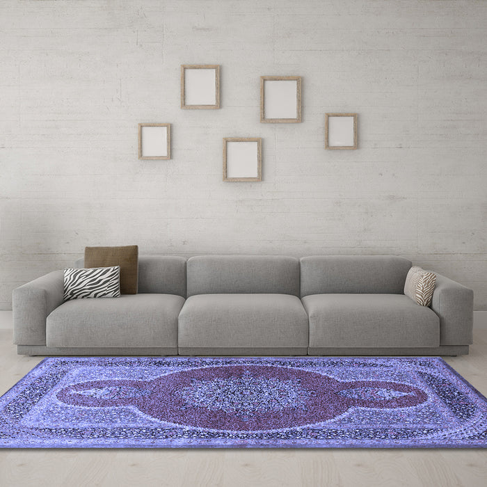 Machine Washable Medallion Blue Traditional Rug in a Living Room, wshtr4825blu