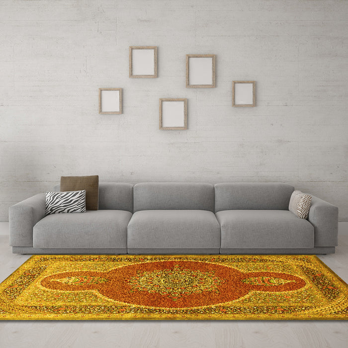 Machine Washable Medallion Yellow Traditional Rug in a Living Room, wshtr4825yw