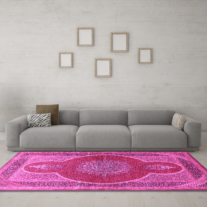Machine Washable Medallion Pink Traditional Rug in a Living Room, wshtr4825pnk