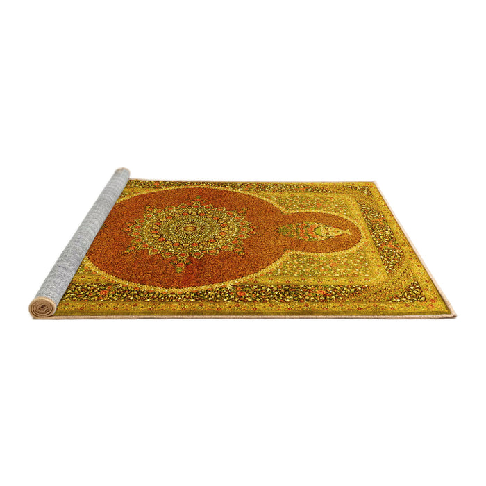 Sideview of Machine Washable Medallion Yellow Traditional Rug, wshtr4825yw