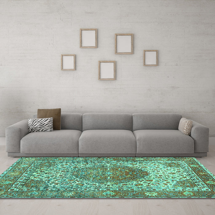 Machine Washable Medallion Turquoise Traditional Area Rugs in a Living Room,, wshtr4827turq