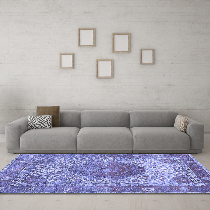 Machine Washable Medallion Blue Traditional Rug in a Living Room, wshtr4827blu