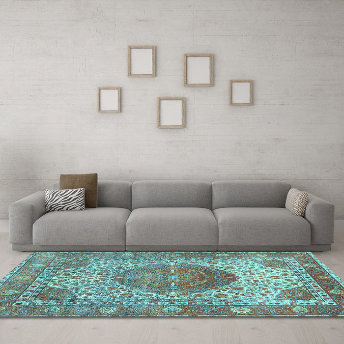 Machine Washable Medallion Light Blue Traditional Rug in a Living Room, wshtr4827lblu