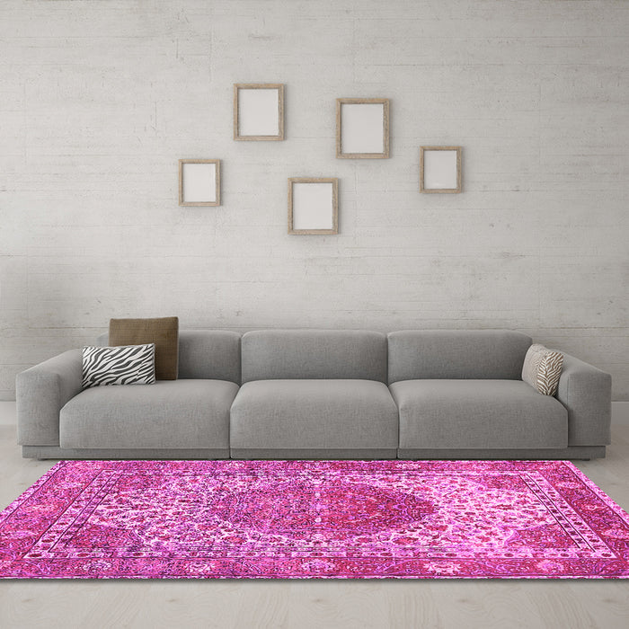 Machine Washable Medallion Pink Traditional Rug in a Living Room, wshtr4827pnk