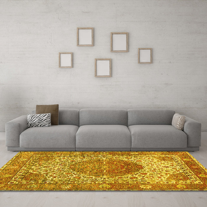 Machine Washable Medallion Yellow Traditional Rug in a Living Room, wshtr4827yw