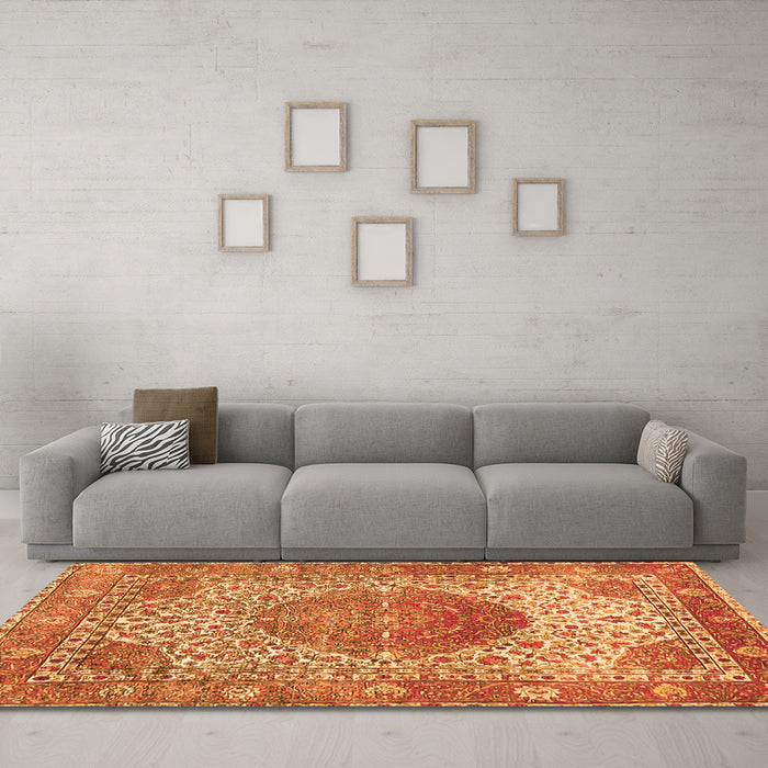 Machine Washable Medallion Orange Traditional Area Rugs in a Living Room, wshtr4827org
