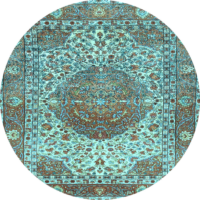 Round Machine Washable Medallion Light Blue Traditional Rug, wshtr4827lblu