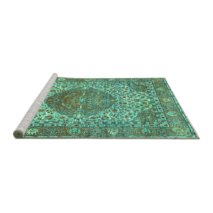 Sideview of Machine Washable Medallion Turquoise Traditional Area Rugs, wshtr4827turq