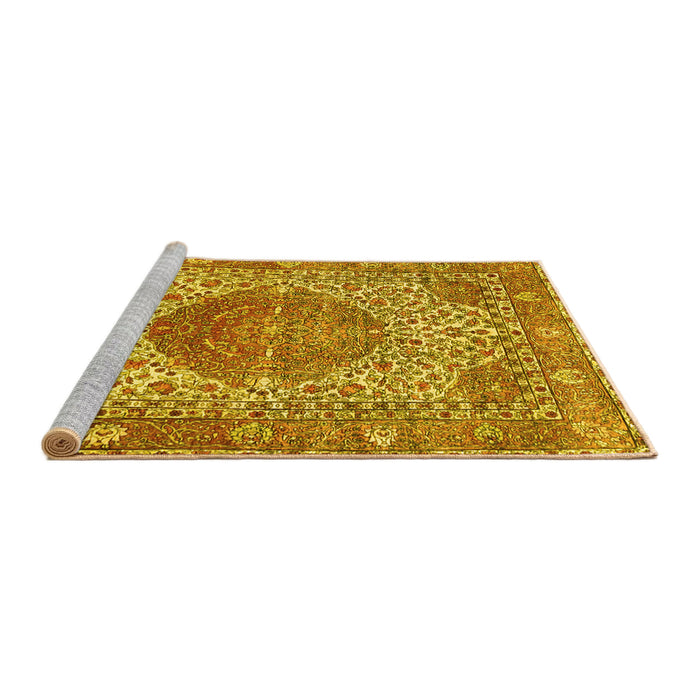 Sideview of Machine Washable Medallion Yellow Traditional Rug, wshtr4827yw