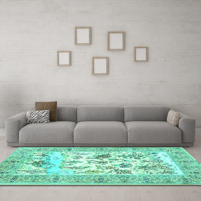 Machine Washable Animal Turquoise Traditional Area Rugs in a Living Room,, wshtr4828turq