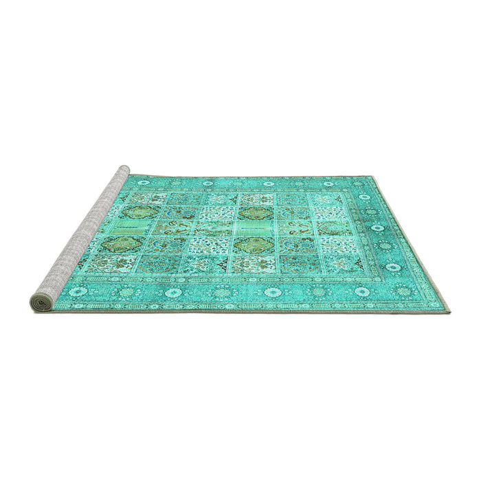 Sideview of Machine Washable Persian Turquoise Traditional Area Rugs, wshtr4829turq