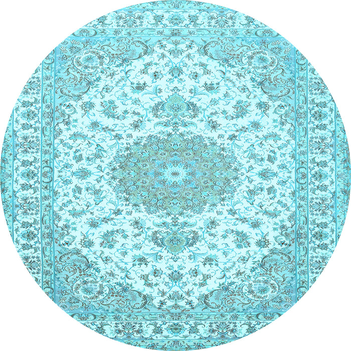 Round Machine Washable Medallion Light Blue Traditional Rug, wshtr482lblu