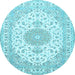 Round Machine Washable Medallion Light Blue Traditional Rug, wshtr482lblu