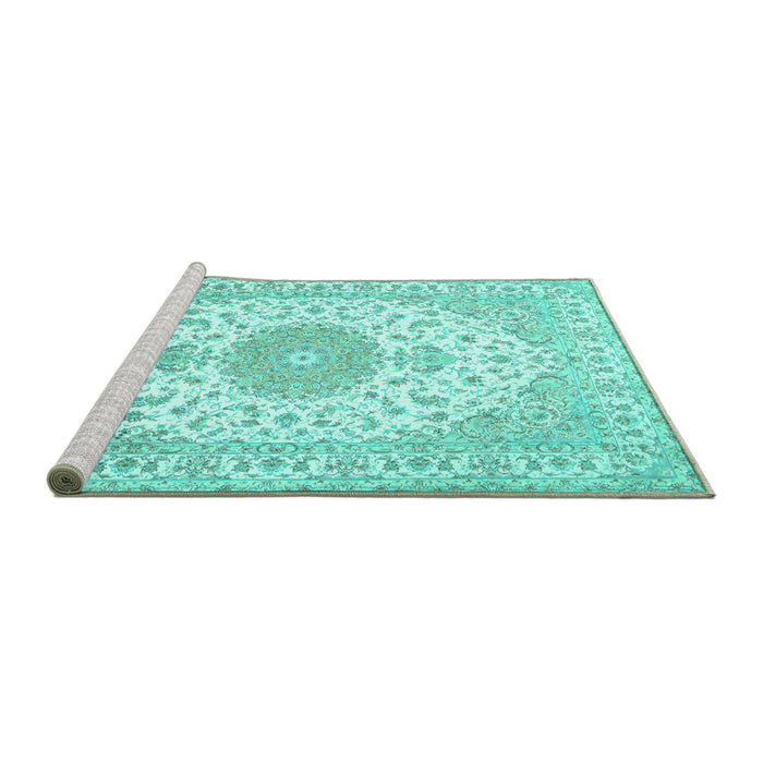 Sideview of Machine Washable Medallion Turquoise Traditional Area Rugs, wshtr482turq