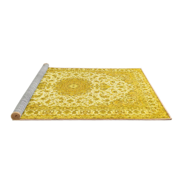 Sideview of Machine Washable Medallion Yellow Traditional Rug, wshtr482yw