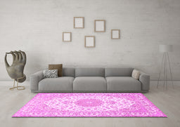 Machine Washable Medallion Pink Traditional Rug in a Living Room, wshtr482pnk