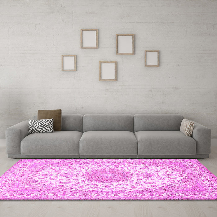 Machine Washable Medallion Pink Traditional Rug in a Living Room, wshtr482pnk