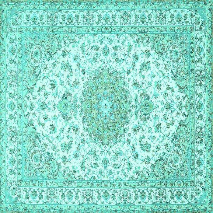 Square Machine Washable Medallion Turquoise Traditional Area Rugs, wshtr482turq