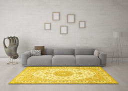 Machine Washable Medallion Yellow Traditional Rug in a Living Room, wshtr482yw