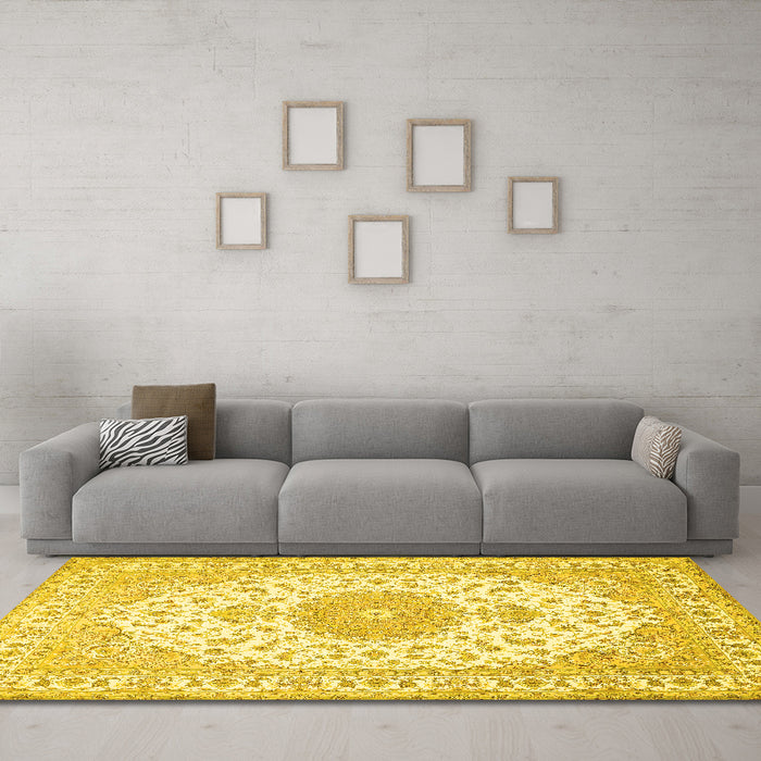 Machine Washable Medallion Yellow Traditional Rug in a Living Room, wshtr482yw