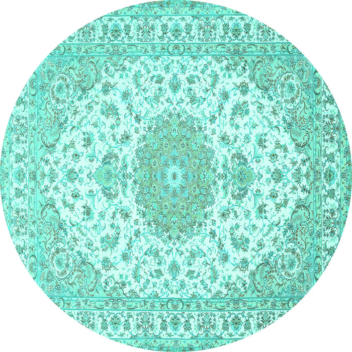 Round Machine Washable Medallion Turquoise Traditional Area Rugs, wshtr482turq