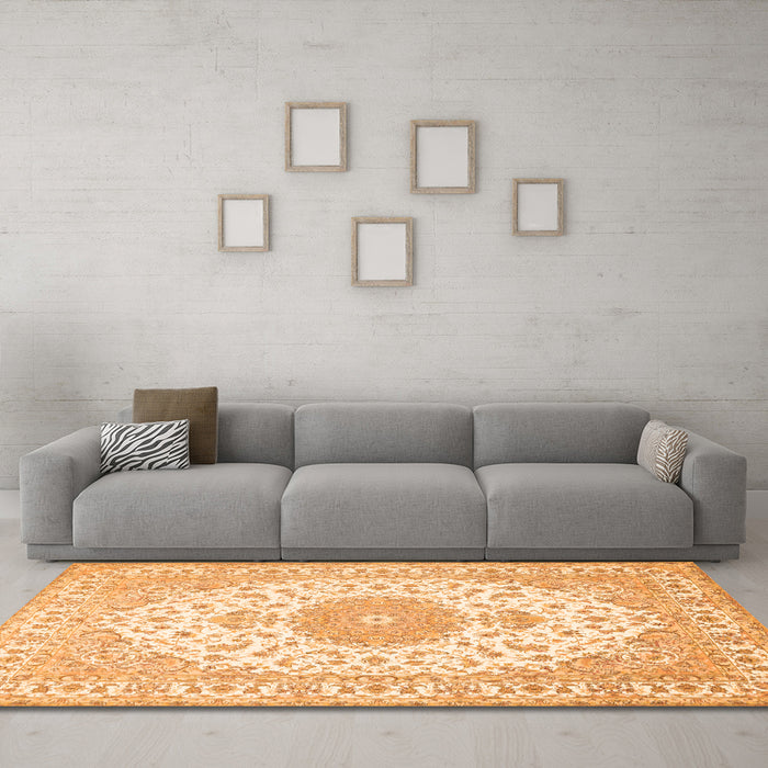 Machine Washable Medallion Orange Traditional Area Rugs in a Living Room, wshtr482org