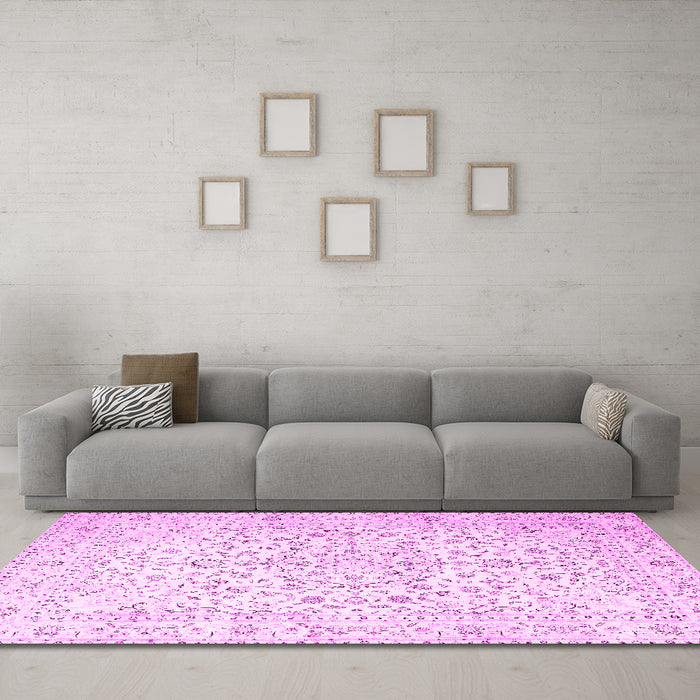 Machine Washable Medallion Pink Traditional Rug in a Living Room, wshtr4830pnk