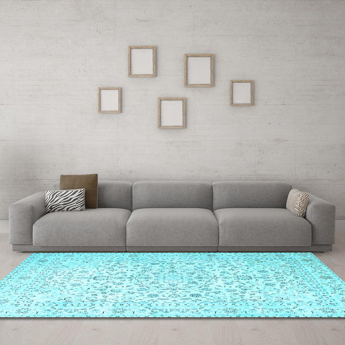 Machine Washable Medallion Light Blue Traditional Rug in a Living Room, wshtr4830lblu