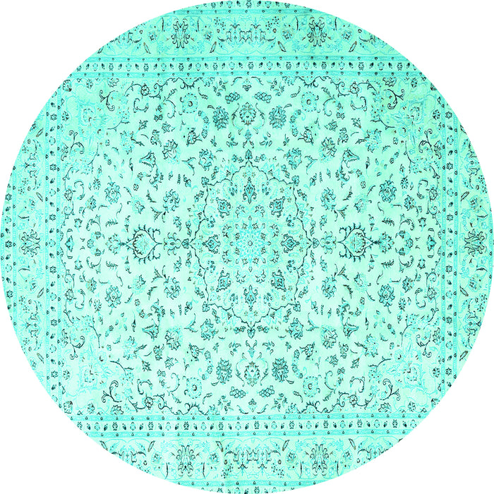 Round Machine Washable Medallion Turquoise Traditional Area Rugs, wshtr4830turq