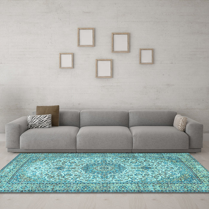 Machine Washable Medallion Light Blue Traditional Rug in a Living Room, wshtr4831lblu