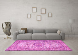 Machine Washable Medallion Pink Traditional Rug in a Living Room, wshtr4831pnk