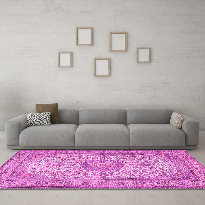 Machine Washable Medallion Pink Traditional Rug in a Living Room, wshtr4831pnk