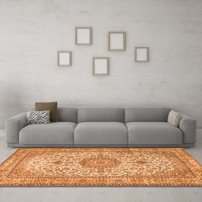 Machine Washable Medallion Orange Traditional Area Rugs in a Living Room, wshtr4831org