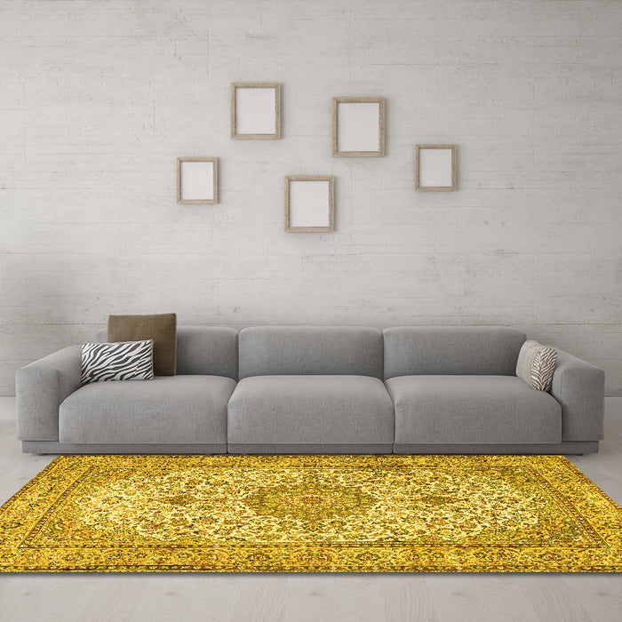 Machine Washable Medallion Yellow Traditional Rug in a Living Room, wshtr4831yw